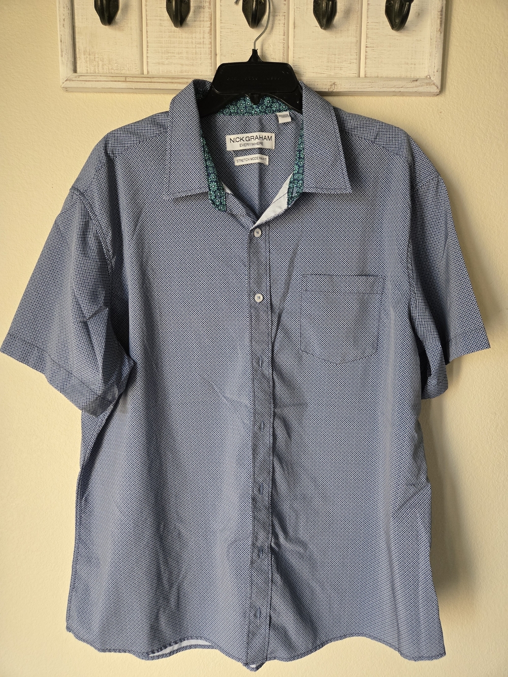Nick Graham Blue Short-Sleeve Button Down Shirt with Patterned Trim